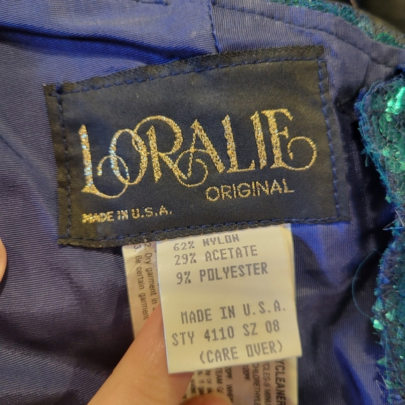 Vintage 80s Loralie Original Green Blue Teal Sequin Mesh Strapless Mermaid Dress - Picture 9 of 10